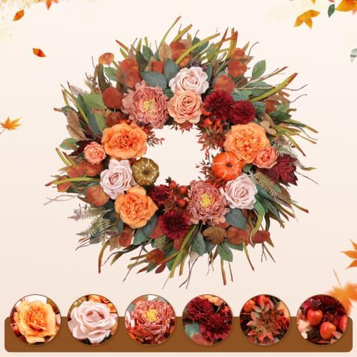 26” fall wreaths for front door, autumn harvest shown in use