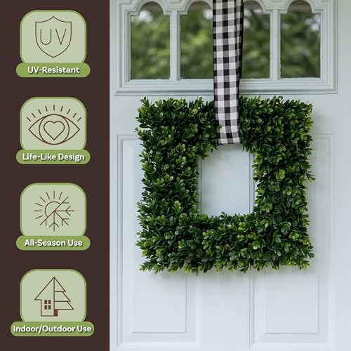pure garden square boxwood wreath for front door, side view
