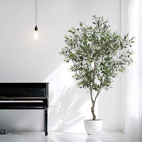7ft artificial olive tree potted plant, close-up detail