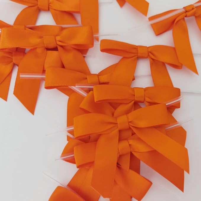 50pcs 2-1/2" Orange Twist Ties Satin Ribbon Bows in Pumpkin Color for Thanks Giving Halloween Wrapping Twist Tie Bows Hot Cutting(Orange)