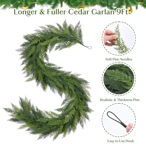 9ft realistic christmas cedar garland with lights, faux, close-up detail