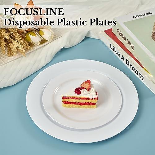 focusline 100 white plastic plates, 7" small disposable showing dimensions
