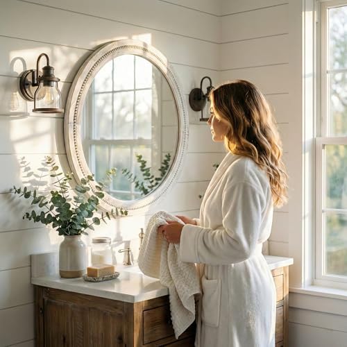 solid wood 30 inch round beaded bathroom mirror, side view