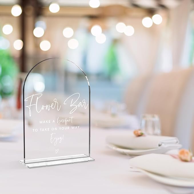 Wedding Signs，Flower Bar Sign, 5 x 7 Inch Arch Acrylic Sign, Wedding Sign for Ceremony and Reception, Wedding Supplies, Wedding Decoration (White)