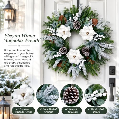 28inch winter wreath for front door, frosted magnolia shown in use