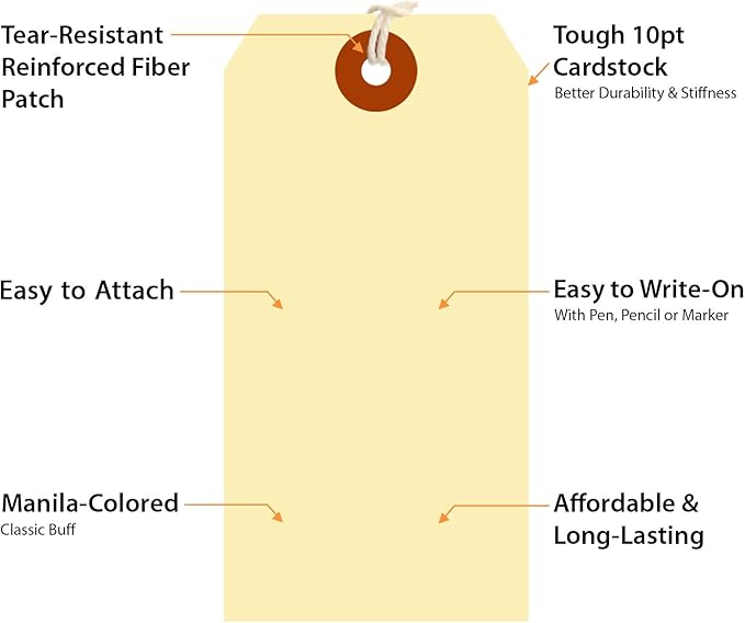 SmartSign Blank Shipping Tags with Pre-Attached Loop Strings, Size-5, Pack of 1000, 10pt Thick Manila Cardstock Tag, 4.75 x 2.375 inch Paper Hang Tags with Reinforced Fiber Patch