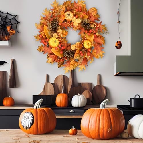 24 inch fall wreath for front door, pumpkin, close-up detail