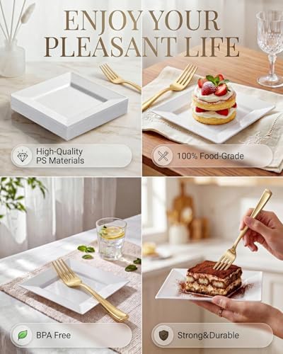 bucla 100pcs white square plastic plates-6inch disposable cake showing dimensions