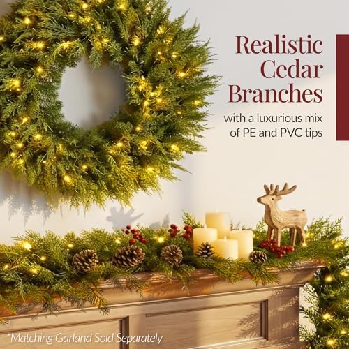 best choice products pre-lit cedar cypress christmas wreath, close-up detail