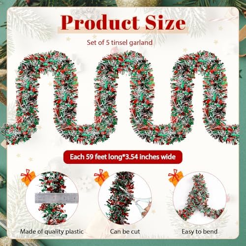 295 feet christmas tinsel garland, red, green, silver shown in use