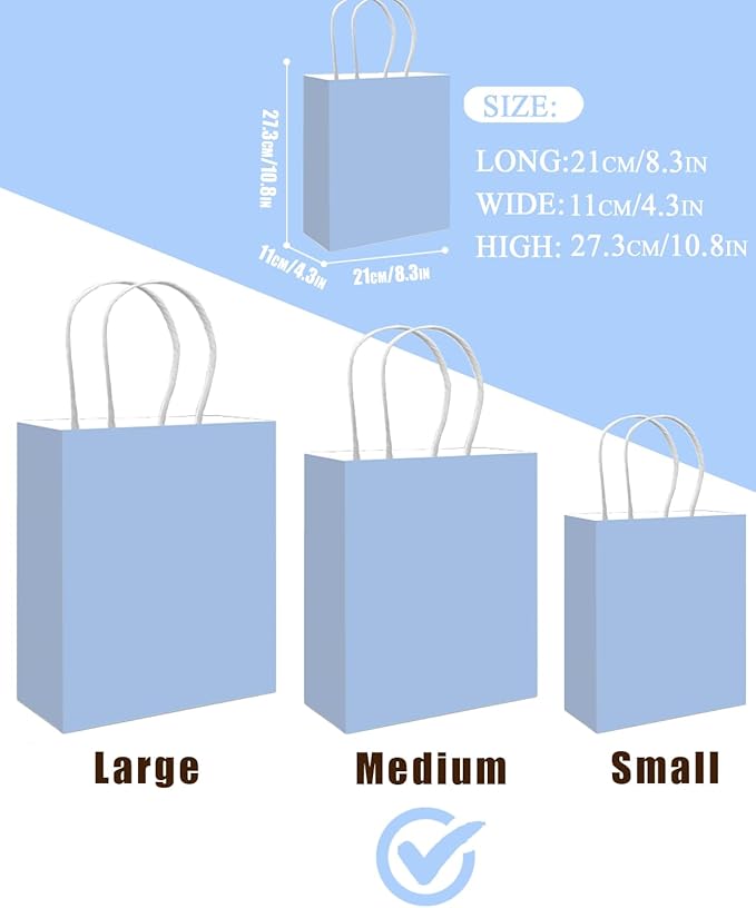 qiqee 50-Packs Light Blue Paper Gift Bags with Handles Bulk 11"x8.3"x4.3" Medium Size Paper Bags Multiple Uses