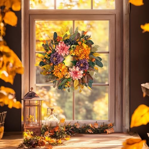24" fall wreaths for front door outside,autumn wreath on a desk or shelf