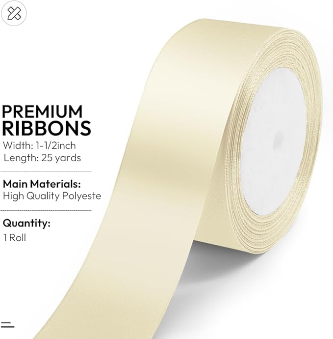 KMER LIFE Solid Color Ivory Satin Ribbon 1-1/2 Inches x 25 Yards, Beige Ribbons Perfect for Crafts, Wedding Decor, Bow Making, Sewing, Gift Package Wrapping and More