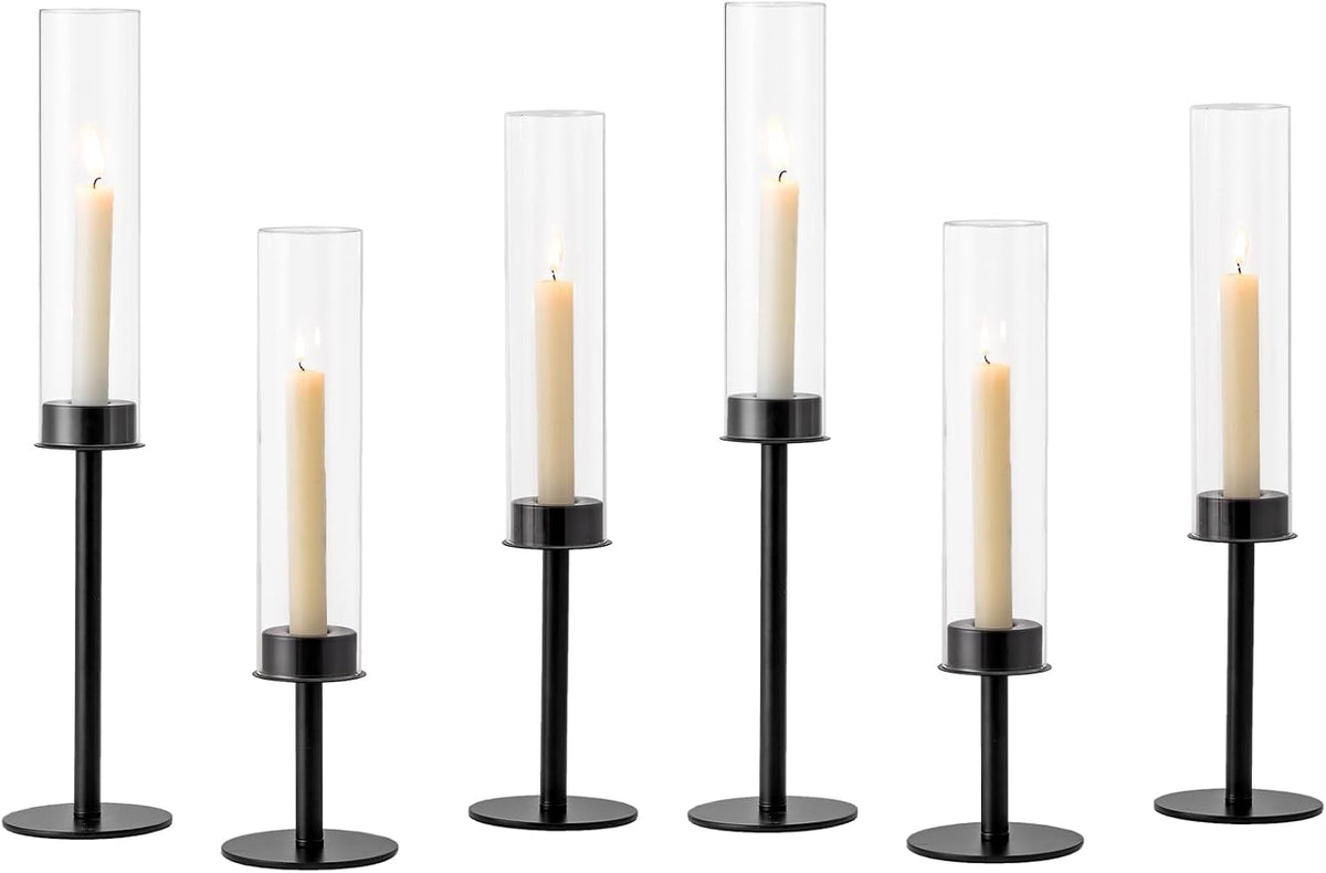 Hewory Black Candlestick Holders: 6PCS Glass Hurricane with Metal Base