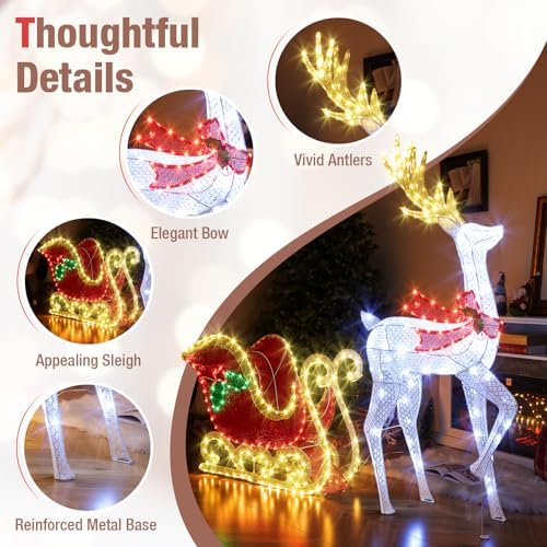 tangkula 5.4 ft christmas lighted reindeer & santa’s, front angle view