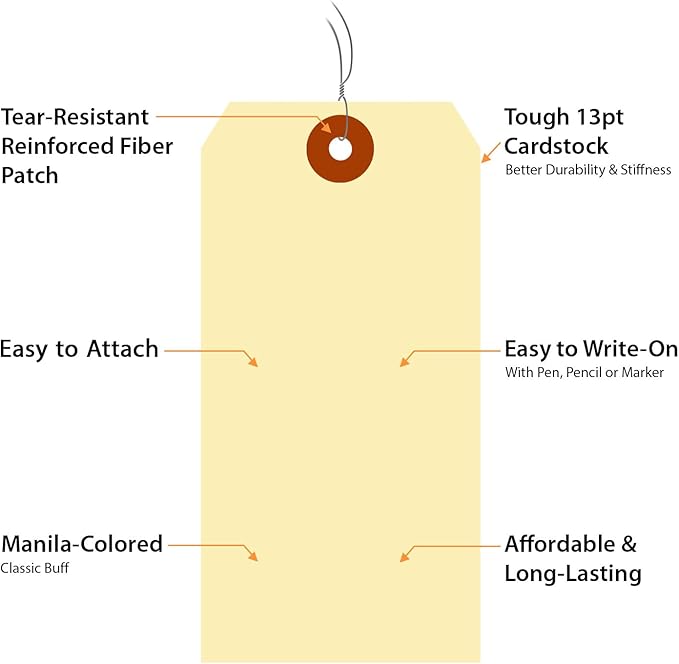 SmartSign Blank Manila Shipping Tags with Wire, Size-6, Pack of 100, 13pt Thick Prewired Cardstock Tag, 5.25 x 2.625 inch Paper Hang Tags with Reinforced Fiber Patch