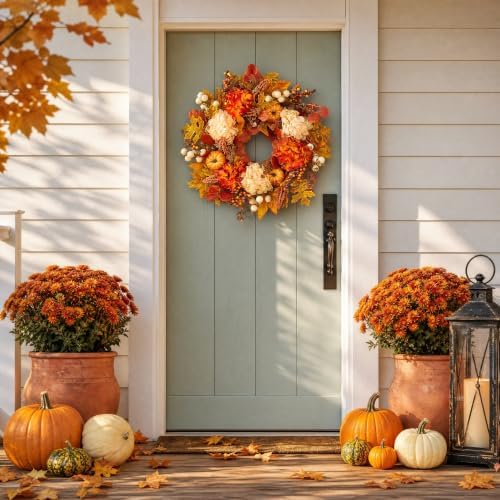 24 inch fall wreath for front door, artificial, close-up detail