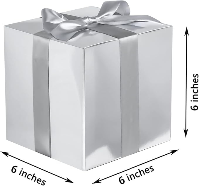 COTOPHER Small Gift Boxes 25 Pack 6x6x6 inches Silver Gift Boxes with Lids for Gifts, Crafting, Wedding Party Favor, Cupcake Boxes, Candy, Bridesmaids Proposal Box with Ribbons and Stickers