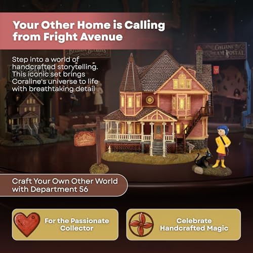 department 56 coraline pink palace apartments village set on a desk or shelf