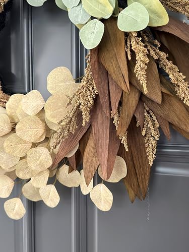 24" fall wreath for front door, faux leaves showing dimensions