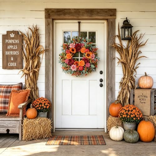24" fall flower wreath with sunflowers peony pumpkins showing dimensions