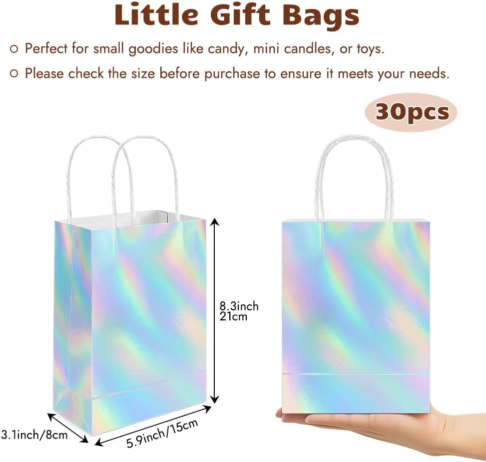 Shintop 30Pcs Iridescent Gift Bags with Handle, 8.3 x 5.9 x 3.1 Inch Holographic Goodie Bags Reusable Paper Glitter Party Favor Tote for Birthday Bachelorette Boutique