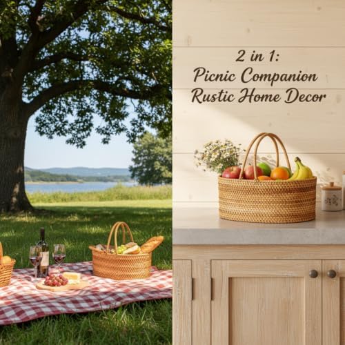 rattan picnic basket with handle, 12.6x9x5 in handwoven, close-up detail