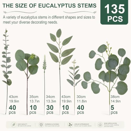 rowfad 135 pcs artificial eucalyptus stems, mixed greenery, close-up detail