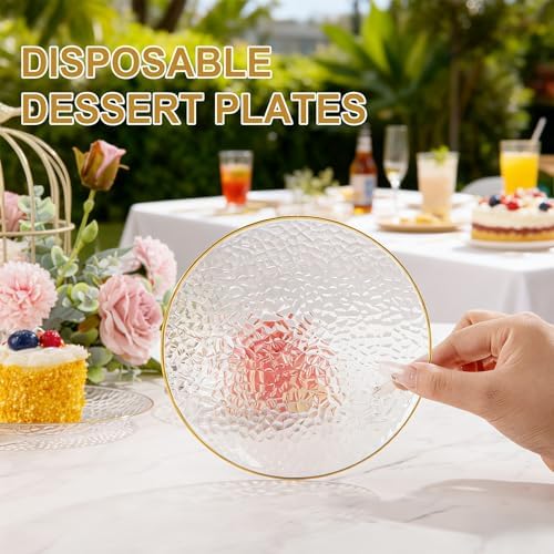 rubtlamp 100 pack clear gold plastic dessert plates on a desk or shelf