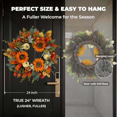 24" fall sunflower wreath for front door, side view