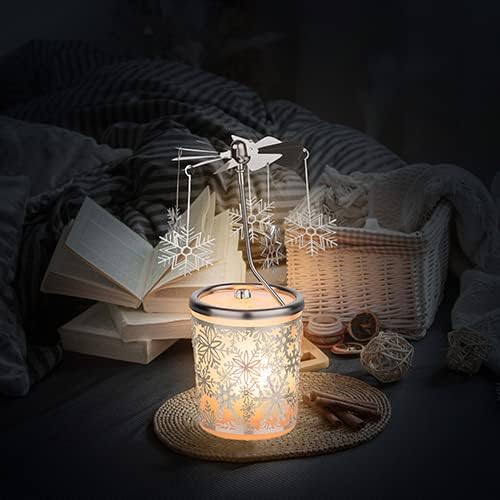 Tealight Candle Holder Carousel – Glass Wind Light with Snowflake Motif, Height 5.9 Inches, TEALIGHT Included – Perfect for Christmas, Winter, and Holiday Home Décor