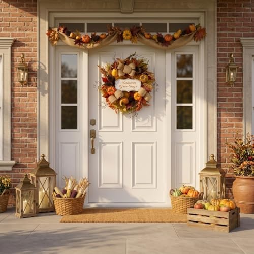 valery madelyn 24'' collapsible pre-lit fall pumpkin wreath shown in use