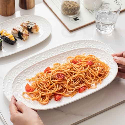 oval serving platter, 14"/12"/10" ceramic serving platters, embossed showing dimensions