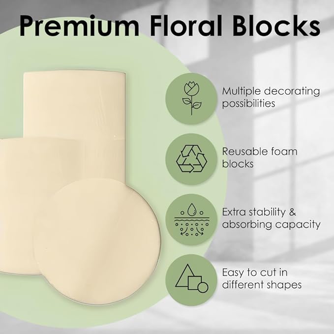 XCEL Floral Foam Block Unlike Any Other - Reusable Floral Blocks Flower Foam for Artificial Flower Arrangements (Cream - 3" x 3" Round (10 Pack))