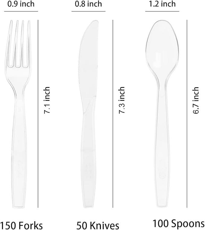300 Count Clear Plastic Silverware, Heavy Weight Plastic Forks Spoons Knives Disposable Utensils Cutlery Set for Wedding Party Supplies Everyday Use