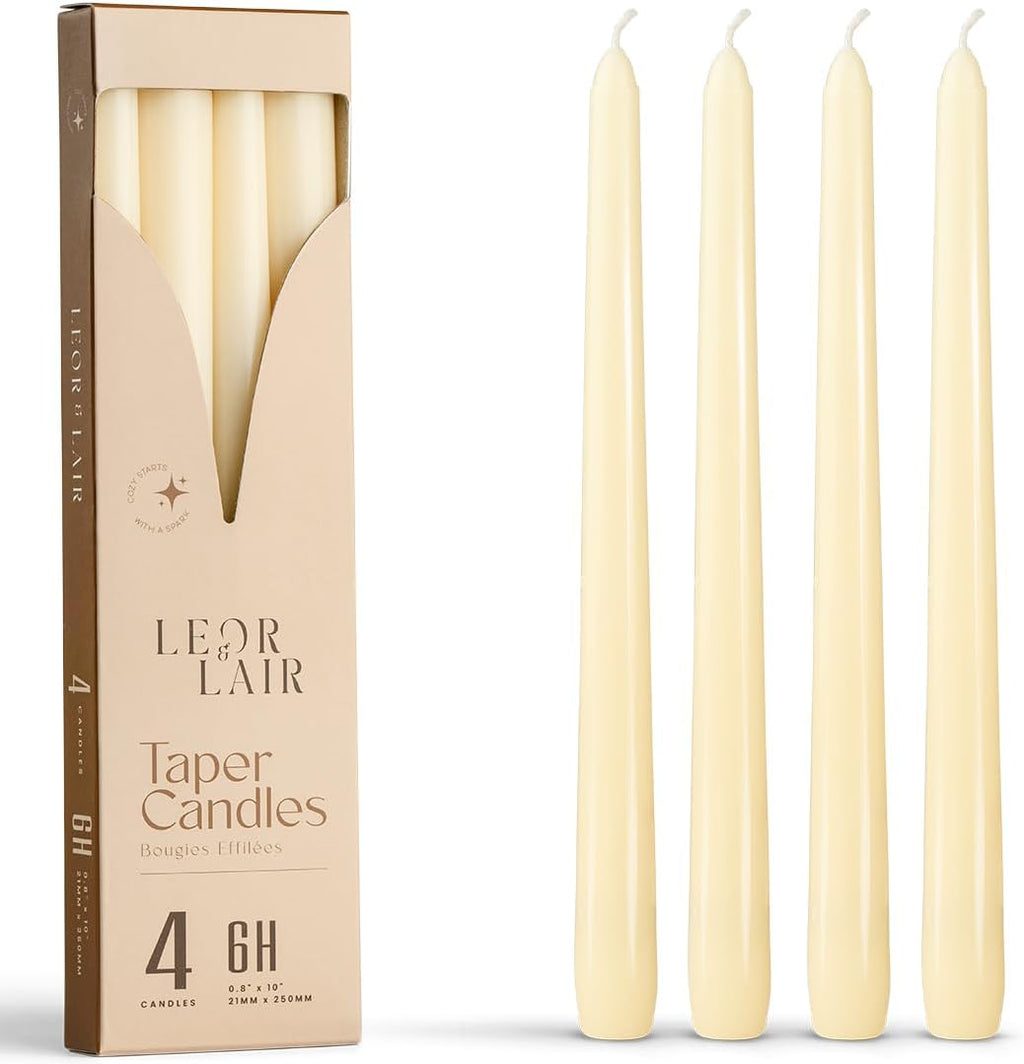 Leor & Lair Ivory Taper Candles - 4 Pack 10" Ivory Candlesticks - Unscented Cream Candle Sticks for Home Decoration, Holiday Tables, Weddings, Restaurants & Business Events