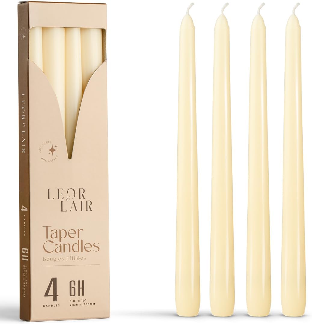 Leor & Lair Ivory Taper Candles - 4 Pack 10" Ivory Candlesticks - Unscented Cream Candle Sticks for Home Decoration, Holiday Tables, Weddings, Restaurants & Business Events