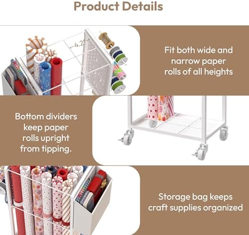 wrapping paper storage cart station with 12pcs slap showing dimensions