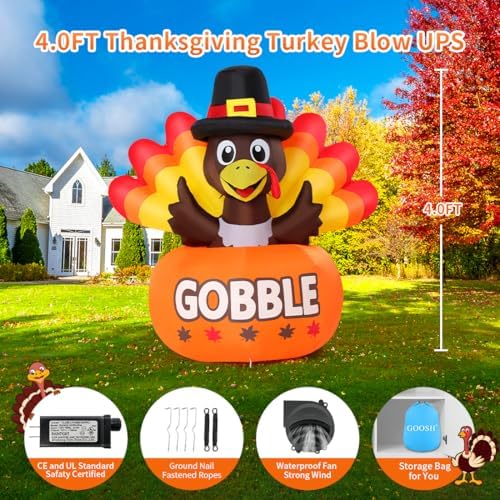 goosh 4ft thanksgiving inflatables turkey outdoor decorations with showing dimensions