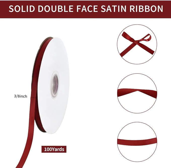 TONIFUL 3/8 Inch x 100yds Scarlet Dark Red Satin Ribbon Thin Solid Fabric Ribbons Roll for Gift Wrapping Invitation Floral Hair Balloons Craft Sewing Party Wedding Decoration Valentine's Day