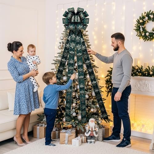 Christmas Tree Topper Bow,48''x 13'' Large Velvet Christmas Wreath Bows Xmas Ornaments with Long Streamer Wired Edge Ribbon for Christmas Decoration (Green)