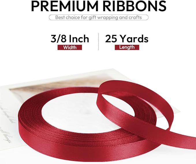 3/8 Inch 25 Yards Satin Ribbon Wine Red, Solid Color Fabric Ribbon for Gift Wrapping, Wedding, Polyester Gift Ribbon for Birthday Party Decoration, Craft, Hair, Floral, Sewing