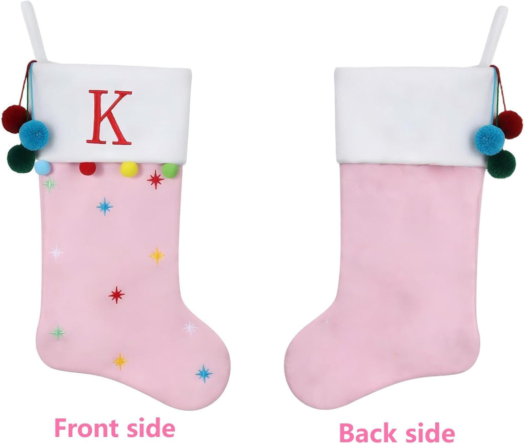 19" Pink Personalized Christmas Stocking—Embroidered Letter-S | Embroidered Fleece Stockings with Stars & Pom Poms, Holiday Fireplace Decor for Xmas Party,Festive Gift