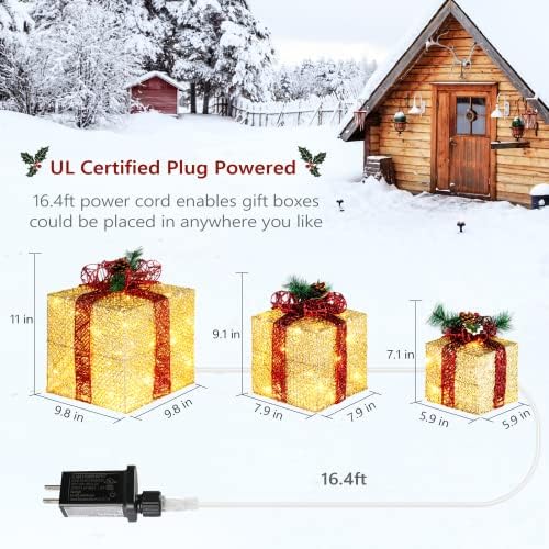 vingli christmas lighted gift boxes set of 3 showing dimensions