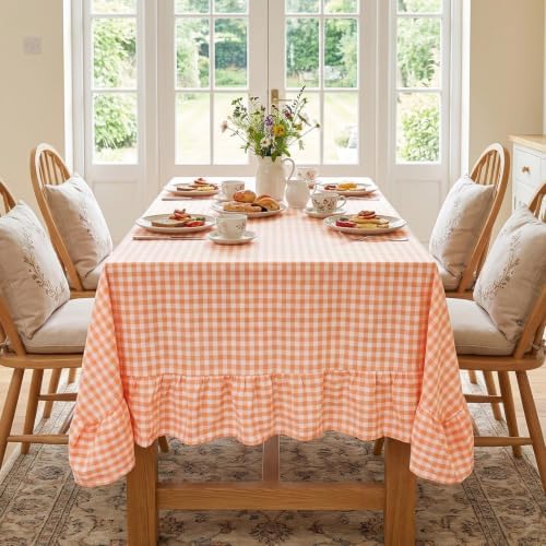 Eternal Beauty Gingham Ruffled Tablecloth Orange White 60x120 Thanksgiving