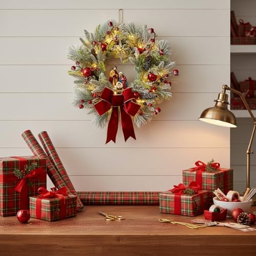 svndlyn 22 inch lighted christmas wreath with timer on a desk or shelf