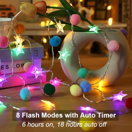 9.85FT String Lights for Kids Room with 20 Cute PomPoms 20 Colorful Star LED Indoor String Lights Battery Operated with Timer for Girls Bedroom Birthday Party Kids Playhouse Wedding Party Decoration