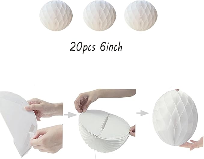 20pcs Honeycomb Flower Balls - Party Decor, Tissue Paper Pom Poms (6inch, White)