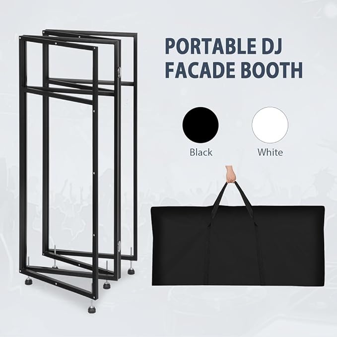 LUCKUP DJ Facade Booth 41"L x 20"W Portable DJ Facade with White & Black Scrim, Foldable DJ Table Station with LED Strips for Party, Black Metal Frame