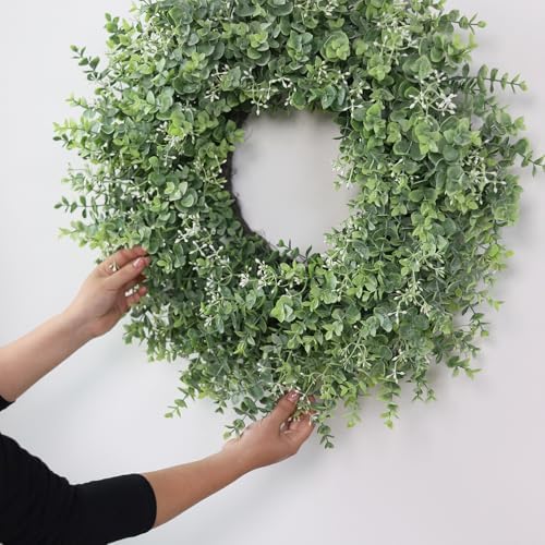 26'' artificial eucalyptus wreath with seeds for front, side view